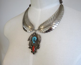 Vintage Huge Sterling Silver Navajo Turquoise Coral Feather Necklace Pendant 16.5" Length - 84.5 grams by the artisan D & J Clark Old Pawn