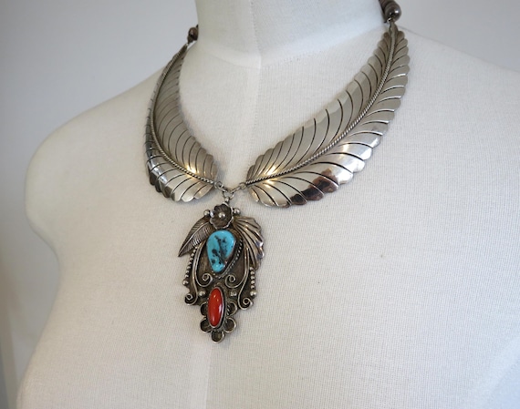 Huge Signed!! Vintage Native American Jewelry Navajo Turquoise Coral Sterling Silver Leaf Ring Old Huge Signed!! Vintage Native American Jewelry Navajo Turquoise Coral Sterling Silver Leaf Ring Old