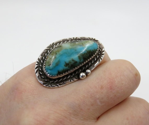 Vintage Solid Sterling Silver Navajo Turquoise Statement Ring by the artisan James Shay size P (USA 8)