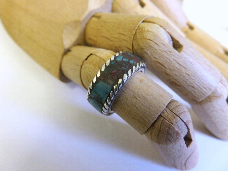 Vintage One Off Carved Crushed Turquoise Coral Ring Navajo Style Sterling Silver Size L 6