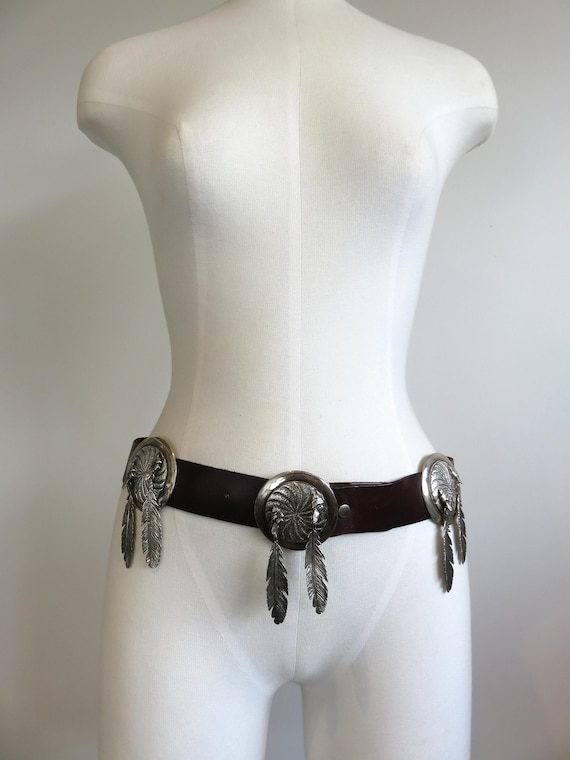 Vintage Sterling Silver Heavy Navajo Feather Concho Leather Belt Buckle 370 grams 13.05 troy oz by the artisan Stan Bentall 1987
