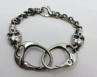 Solid Sterling Silver Heavy Two Handcuff Skull Bracelet Keith Richards