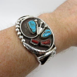 Vintage Sterling Silber Navajo Türkis Koralle Overlay Applikation Armreif Manschette Armband 55 Gramm Old Pawn