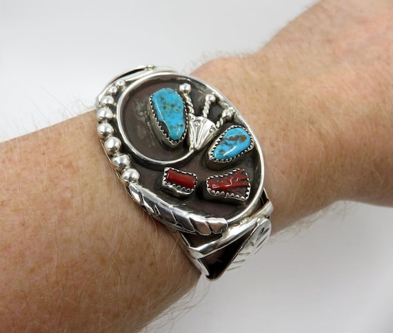 Vintage Sterling Silver Navajo Turquoise Coral Overlay Applique Bangle Cuff Bracelet 55.5 grams Old Pawn