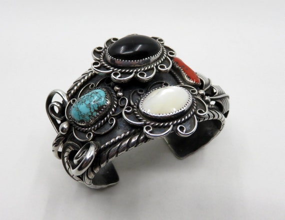 Vintage Huge Sterling Silver Navajo Turquoise Onyx Coral Mother Of Pearl Overlay Bangle Cuff 146 grams