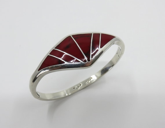 Vintage Taxco Solid Sterling Silver Red Jasper Inlaid Hinged Bangle Cuff 34.7 grams signed by the artisan