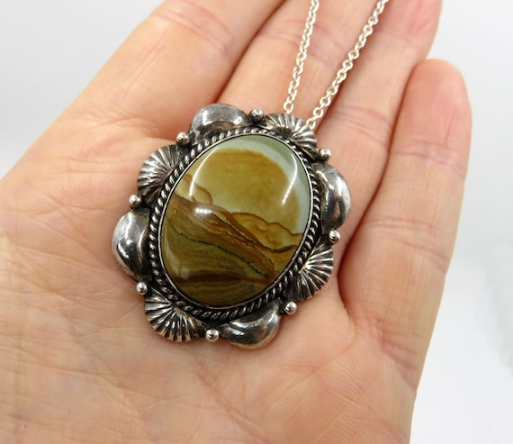 Vintage Rare Sterling Silver Navajo Landscape Picture Jasper Pendant Necklace by Navajo Code Talker Lloyd Oliver Windtalker WW2
