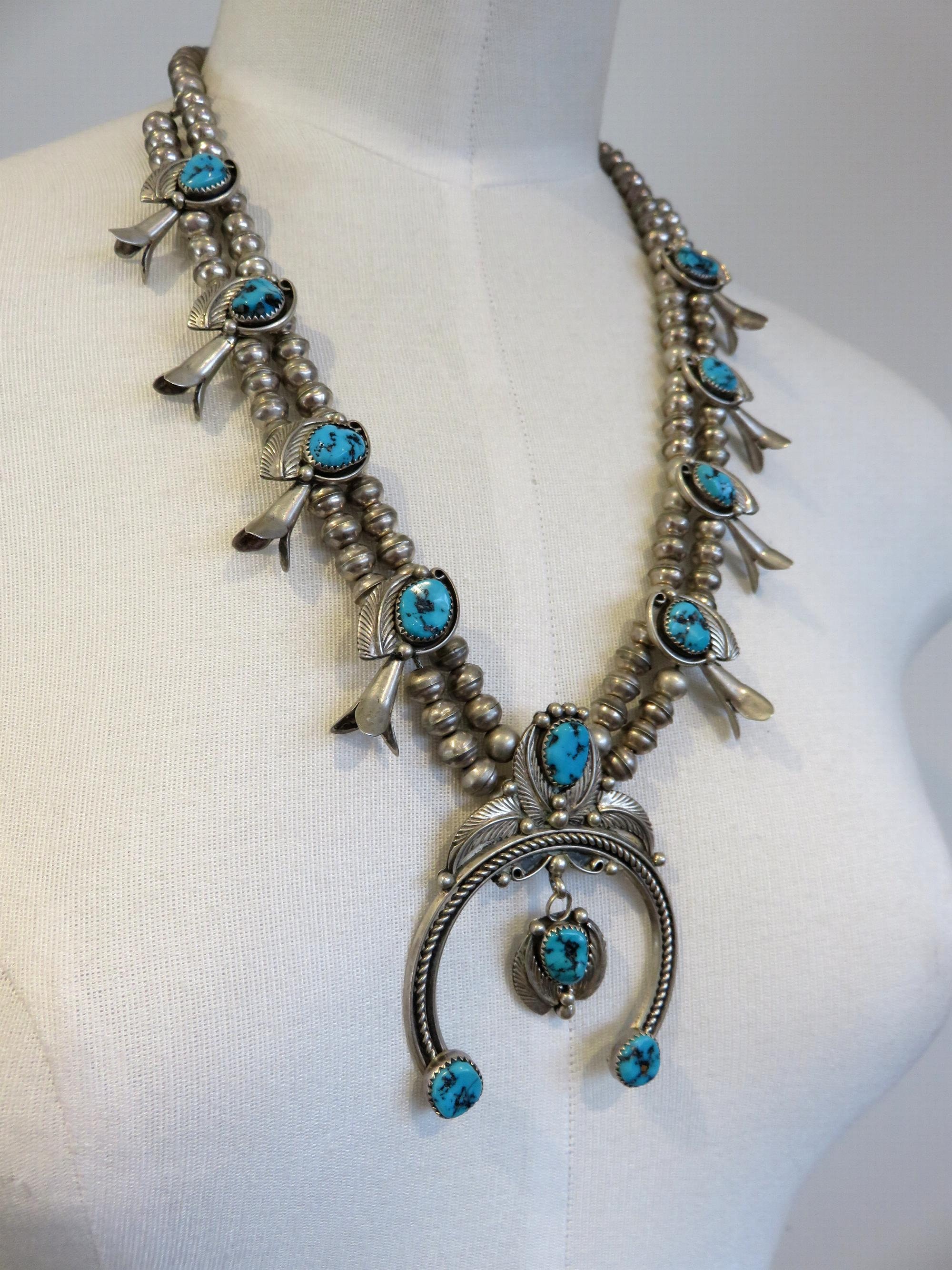 Vintage Sterling Silver Navajo Turquoise Squash Blossom