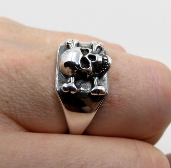 Solid Sterling Silver Skull & Crossbones Square Signet Ring Mexican Biker Memento Mori