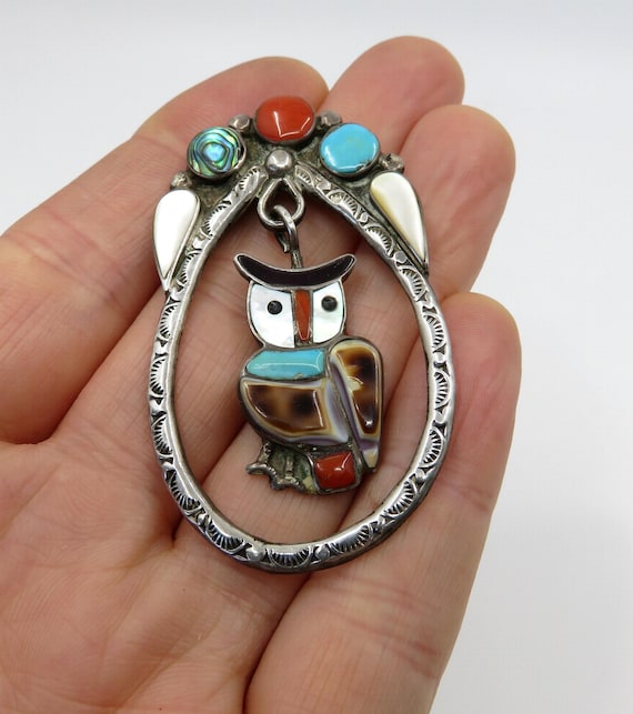 Vintage Sterling Silver Zuni Navajo Owl Turquoise Coral Mother Of Pearl Abalone Pendant Brooch by artisans Velma and Blake Lesansee  grams