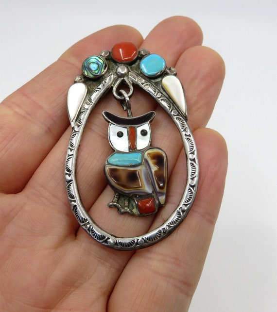 Vintage Sterling Silver Zuni Navajo Owl Turquoise Coral Mother Of Pearl Abalone Pendant Brooch by artisans Velma and Blake Lesansee  grams