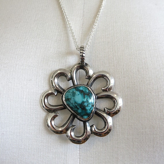 Solid Sterling Silver Large Navajo Turquoise Pendant by You Got The Silver