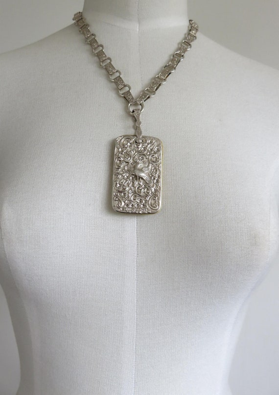 Vintage Victorian 1876 Solid Sterling Silver Dance Card Bookchain Repousse Pendant 18" length 66 grams by London Silversmith James Beebe