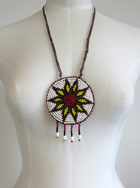 Vintage Navajo Wedding Basket Morning Star Design Beads Necklace Pendant 22" length