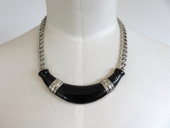 Vintage Heavy Sterling Silver Black Carved Gemstone Onyx Obsidian Mexican Taxco Statement Choker Necklace 14-15" length 98 grams