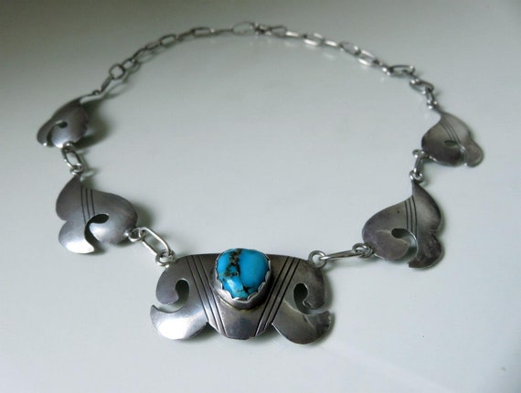 Vintage Sterling Silver Navajo Turquoise Necklace Pendant Squash Blossom 18.5" Length 40 grams