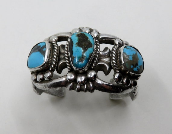 Vintage Sterling Silver Navajo Tufa Cast Turquoise Overlay Bangle Cuff 76.5 grams