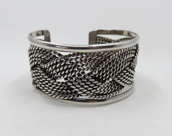 Vintage Heavy Sterling Silver Mexico Taxco Rope Weave Bangle Cuff 75.1 grams
