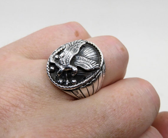 Solid Sterling Silver Eagle Ring Navajo Handmade Heavy Mexican Biker Ring