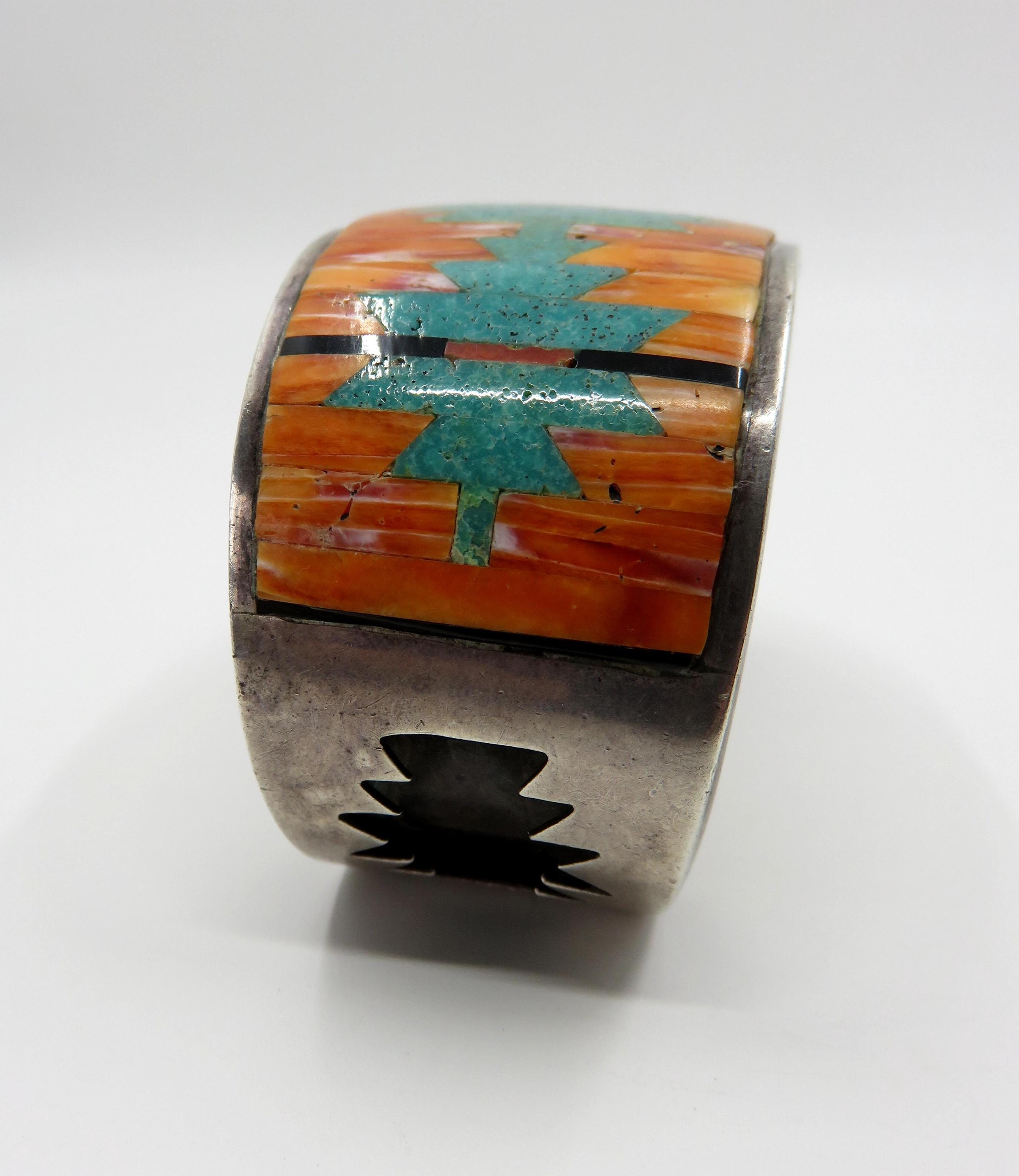Vintage Huge Sterling Silver Navajo Inlaid Turquoise Spiny Vintage Huge Sterling Silver Navajo Inlaid Turquoise Spiny