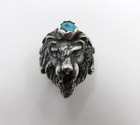 Solid Sterling Silver Relic Antique Textured Turquoise Lion Ring Mexican Roman Biker Signet 33 grams size X (USA 12)