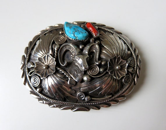 Vintage Sterling Silver Navajo Turquoise & Coral Belt Buckle Overlay Applique signed by the artisan  Jerome Begay