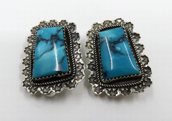 Vintage Sterling Silver Navajo Turquoise Clip On Earrings