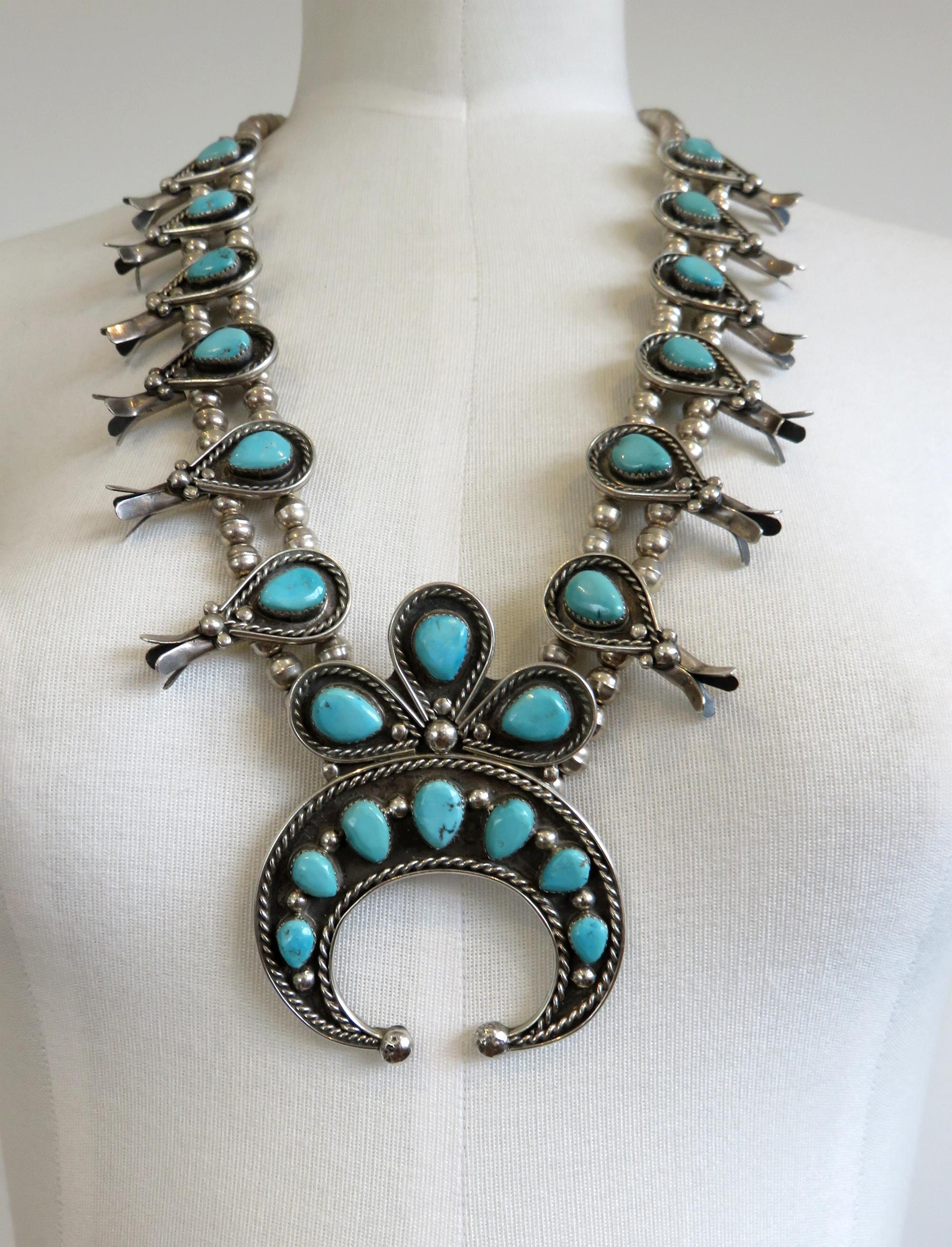 Vintage Sterling Silver Navajo Turquoise Squash Blossom Necklace