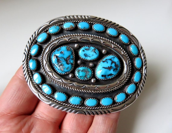 Vintage Sterling Silver Navajo Multi Turquoise Stamped Belt Buckle signed by the artisan Rose & Alvin Boy