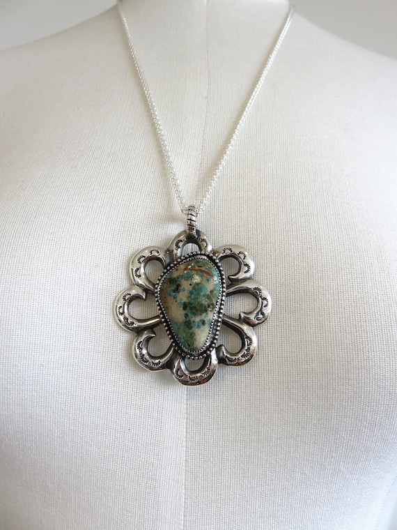 Solid Sterling Silver Huge Stamped Navajo Turquoise Pendant by You Got The Silver