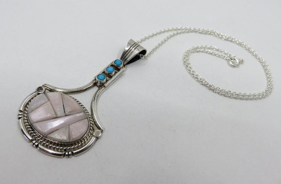 Vintage Sterling Silver Mother Of Pearl & Turquoise Navajo Pendant by Running Bear