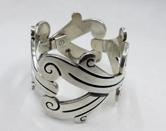 Vintage Taxco Panel Sterling Silber Armreif: Signierter Handwerker Schmuck