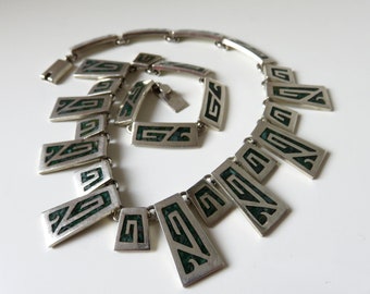 Vintage Mexican Taxco Sterling Silver Crushed Green Turquoise Necklace 16.5-17" Length 116 grams