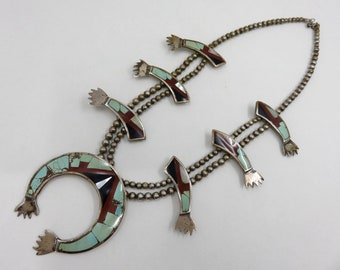Vintage Sterling Silver Squash Blossom Inlaid Turquoise Coral Onyx Necklace Naja Hands Old Pawn Navajo 18" Length 67 grams Old Pawn