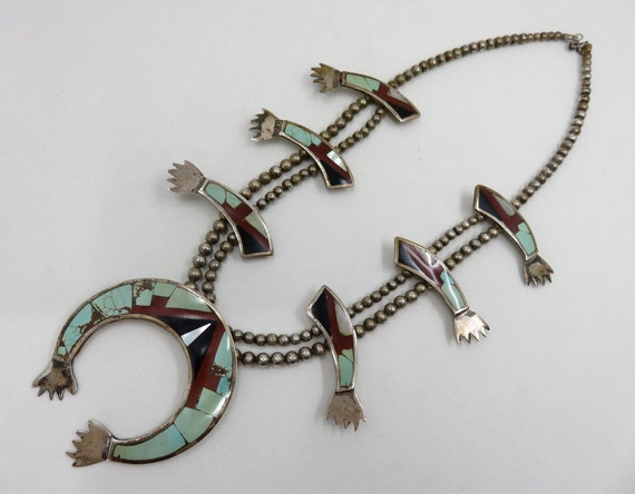 Vintage Sterling Silver Squash Blossom Inlaid Turquoise Coral Onyx Necklace Naja Hands Old Pawn Navajo 18" Length 67 grams Old Pawn