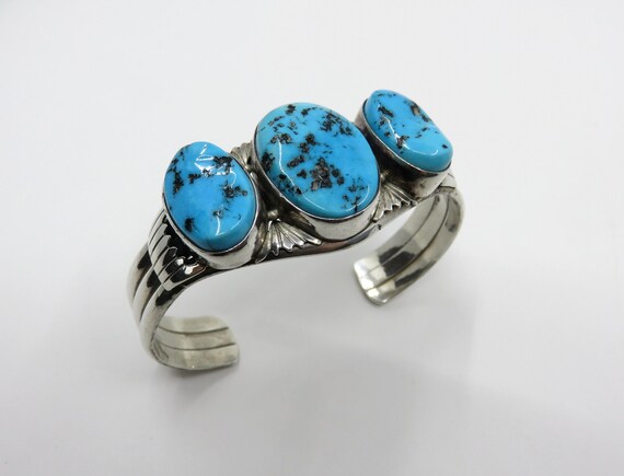 Vintage Sterling Silver Navajo Kingman Turquoise Stamped Overlay Bracelet Cuff Bangle signed by the artisan 46.8 grams