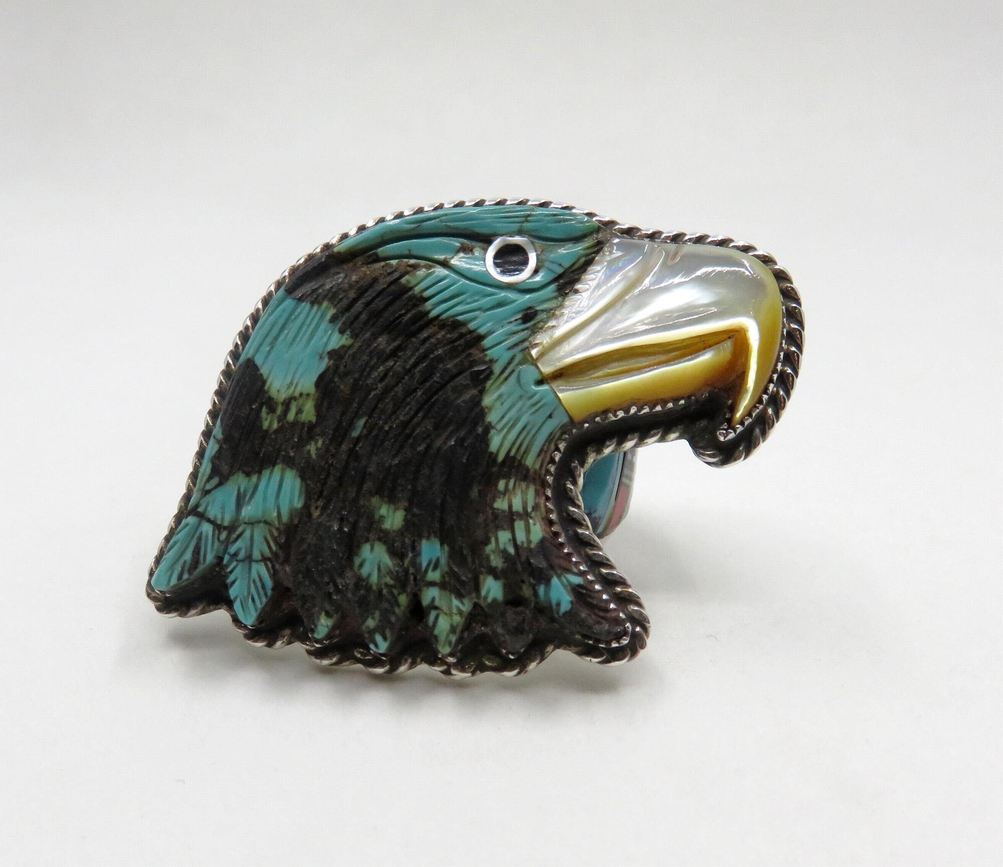 Turquoise Inlay Eagle Vintage Sterling Silver Carved Turquoise Eagle Navajo Multi Stone Micro ...