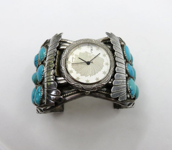 Vintage Huge Sterling Silver Navajo Turquoise Wat… - image 9