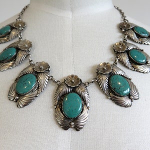 Vintage Sterling Silver Navajo Turquoise Overlay Feather Necklace Pendant Old Pawn 18&quot; Length 85 grams Squash Blossom signed by the artisan