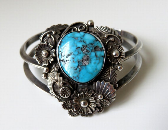 Vintage Sterling Silver Navajo Turquoise Overlay Bangle Cuff Bracelet by the artisan Mel Tsosie