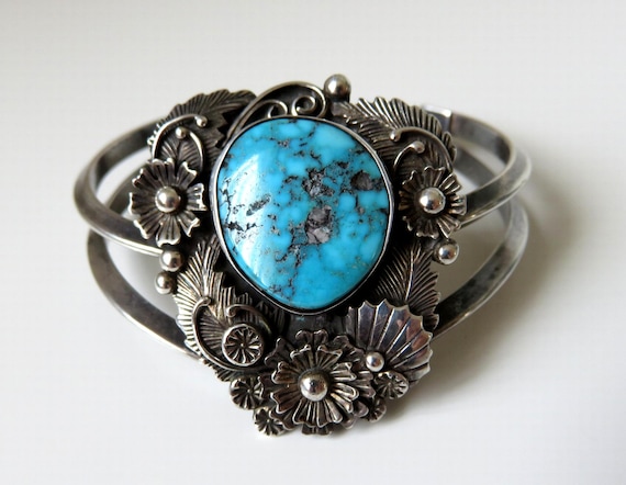 Vintage Sterling Silver Navajo Turquoise Overlay Bangle Cuff Bracelet by the artisan Mel Tsosie