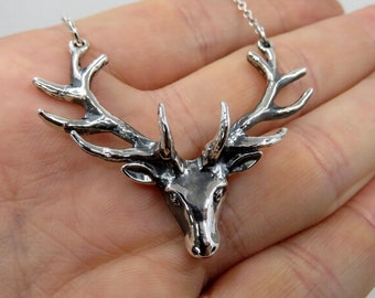 Solid Sterling Silver Stag Deer Pendant Necklace Folklore Nature