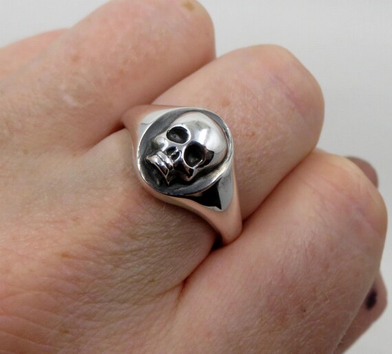 Solid Sterling Silver Skull Oval Signet Ring Mexican Biker Ring