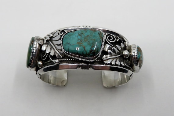 Vintage Huge Sterling Silver Navajo Overlay Turquoise Bangle Cuff signed by the artisan LS HABI 94 grams