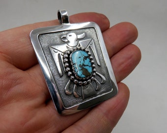 Solid Sterling Silver Large Turquoise Thunderbird Navajo Native American Pendant by You Got The Silver