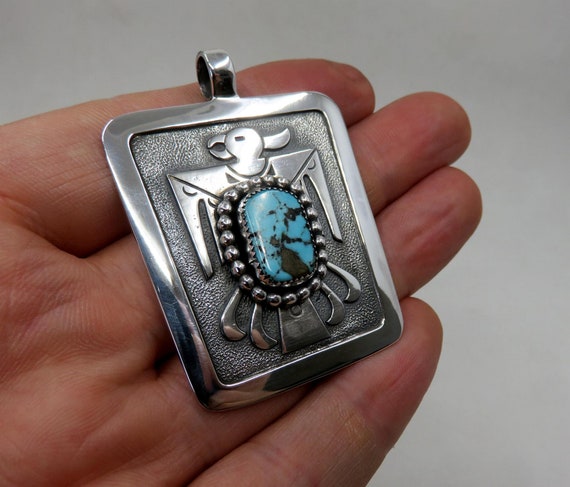 Solid Sterling Silver Large Turquoise Thunderbird Navajo Native American Pendant by You Got The Silver