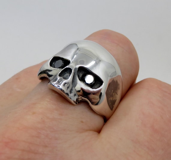 Solid Sterling Silver Half Jaw Skull Ring Keith Richards Memento Mori Day Of The Dead set with two Black Diamonds 0.65cts 25 - 30 grams