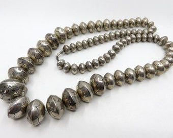 Vintage Huge Sterling Silver Navajo Stamped Pearl Cushion Bead Necklace 38" length 211.2 grams