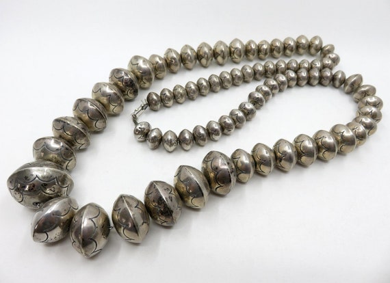 Vintage Huge Sterling Silver Navajo Stamped Pearl Cushion Bead Necklace 38" length 211.2 grams
