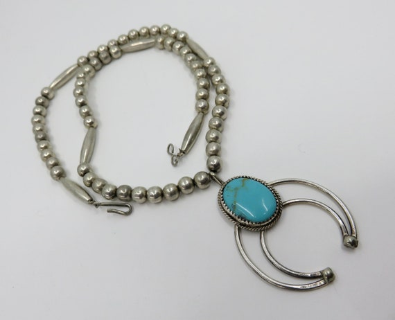 Vintage Sterling Silver Navajo Turquoise Naja Bead Necklace Pendant Old Pawn 20" Length 36.5 grams Squash Blossom
